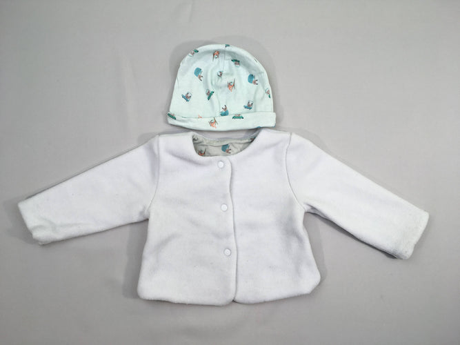 Ensemble gilet blanc velours + bonnet( neuf) bleu bateux, voiture,..., moins cher chez Petit Kiwi