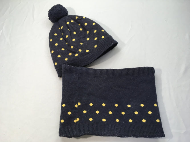 Bonnet + tour de cou bleu marine pois jaune, bouloché, 53cm, moins cher chez Petit Kiwi