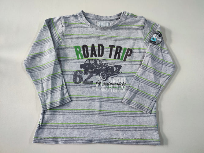 T-shirt m.l gris ligné vert/gris foncé voiture "Road trip", moins cher chez Petit Kiwi