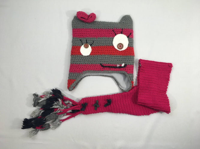 Bonnet mailles personnage gris rayé rouge doublé polar + Echarpe rose, moins cher chez Petit Kiwi