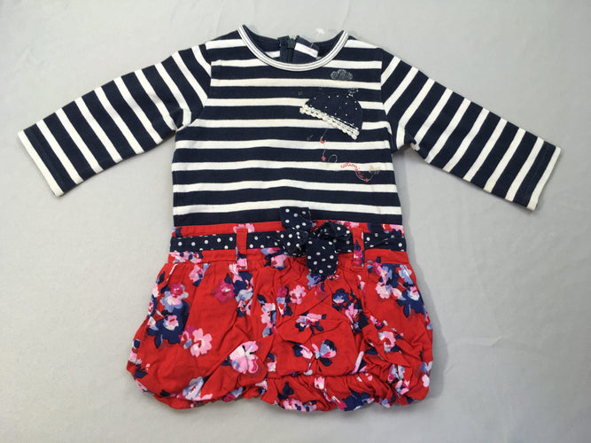 Robe m.l molleton bleu rayé blanc parapluie, bas coton rouge fleurs un peu boulochée, moins cher chez Petit Kiwi