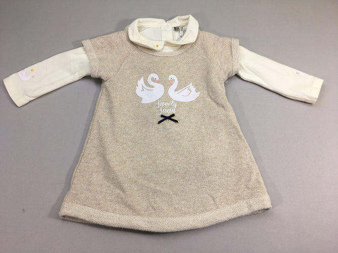 Robe m.c molleton beige irisé canards + T-shirt m.l écru, moins cher chez Petit Kiwi