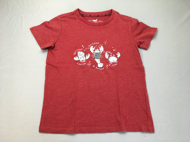 T-shirt m.c rouge chiné crabes, légèrement bouloché, moins cher chez Petit Kiwi