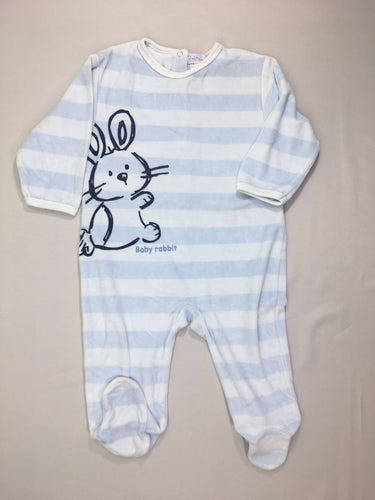 Pyjama velours rayé bleu ciel/blanc  lapin "baby Rabbit" petite tache au pied, moins cher chez Petit Kiwi