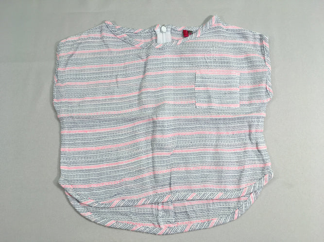 Blouse courte m.c blanche rayé bleu marine/rose, moins cher chez Petit Kiwi