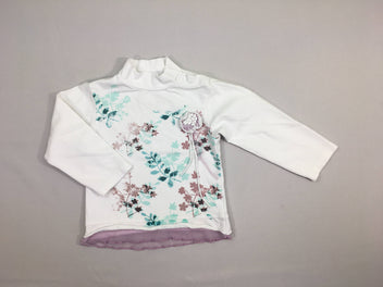 T-shirt m.l col roulé blanc motifs fleurs roses, bleues, petit voile sur le dessous