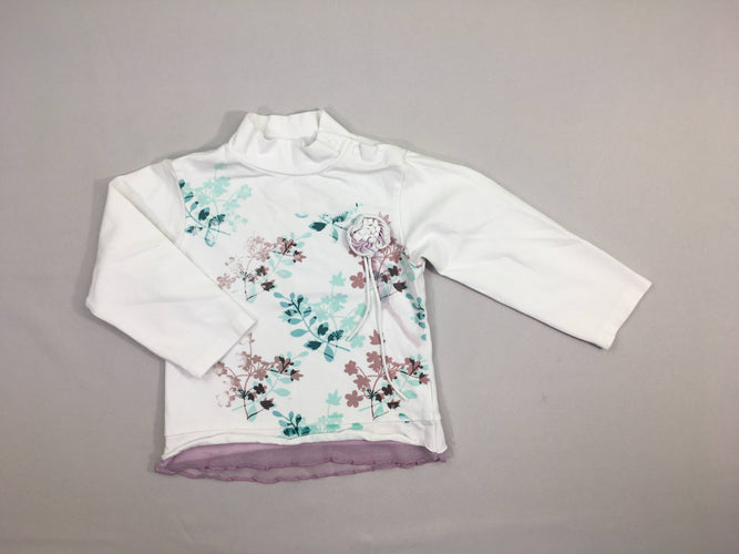 T-shirt m.l col roulé blanc motifs fleurs roses, bleues, petit voile sur le dessous, moins cher chez Petit Kiwi