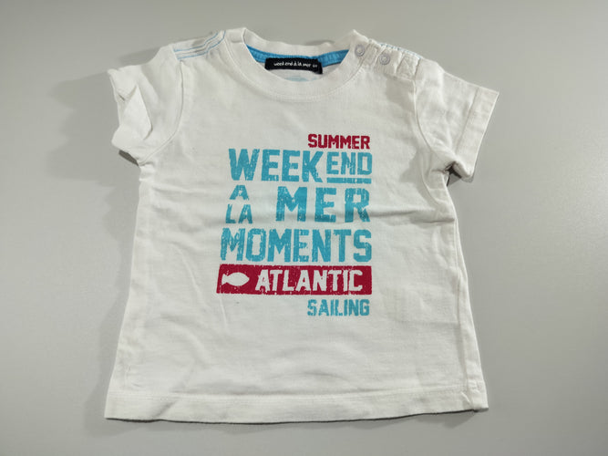 T-shirt m.c blanc  inscriptions rouges et bleues " Summer week-end à la mer ...", moins cher chez Petit Kiwi
