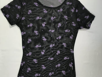 Blouse m.c transparente noire fleurie mauve