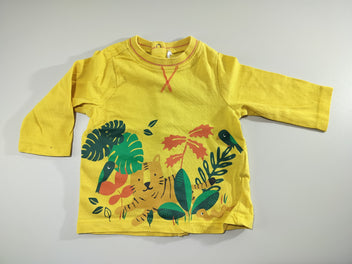 T-shirt m.l jaune , motifs tigre, jungle. Fermeture par pressions à l 'arrière