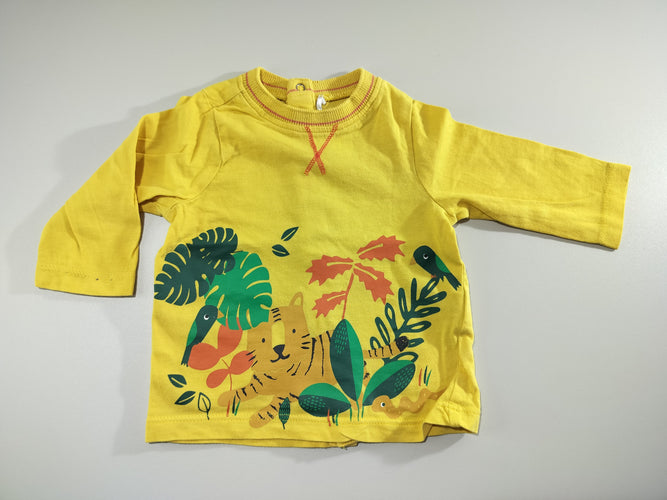 T-shirt m.l jaune , motifs tigre, jungle. Fermeture par pressions à l 'arrière, moins cher chez Petit Kiwi