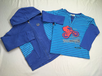 Sweat zippéà capuche bleu + T-shirt m.l vélo