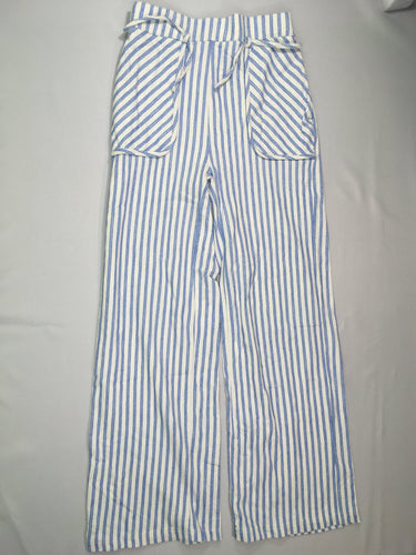 Pantalon souple blanc ligné bleu taille élastique, moins cher chez Petit Kiwi