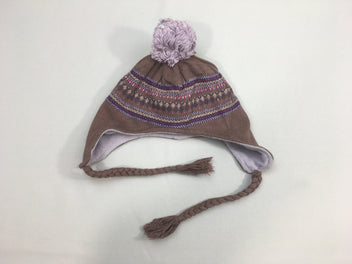 Bonnet brun pompon lilas doublé polar