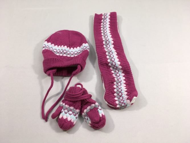 Ensemble bonnet + écharpe + mouffles tricot rose motifs bleu, gris,...doublés polar, moins cher chez Petit Kiwi