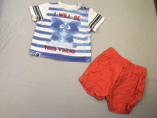 T-shirt m.c rayé blanc/bleu Will + short rouge, moins cher chez Petit Kiwi