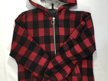 Veste-Cardigan zippé à capuche à carreaux rouge-noir 34