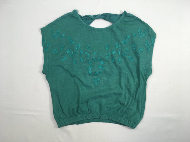 T-shirt m.c vert broderies ouvert dans le dos, légèrement bouloché, moins cher chez Petit Kiwi