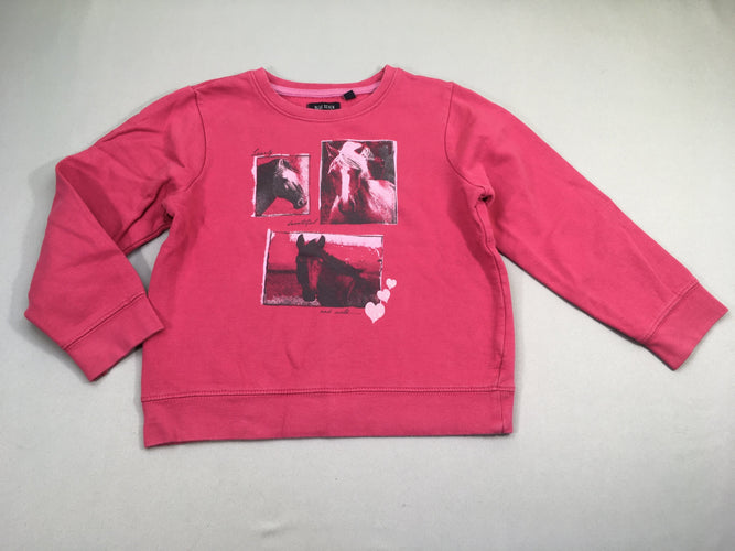 Sweat rose foncé chevaux, un peu décoloré, bouloché, moins cher chez Petit Kiwi