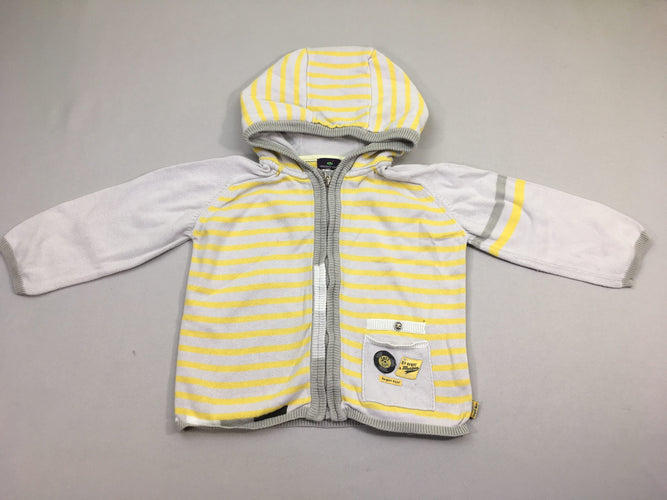 Gilet zippé à capuche blanc rayé jaune, bouloché, moins cher chez Petit Kiwi