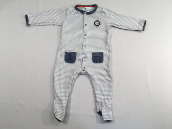 Pyjama jersey blanc rayé gris col denim Lion