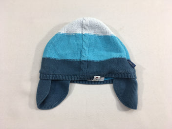 Bonnet mailles bleu-blanc doublé jersey 44-46cm