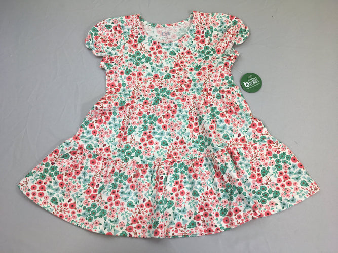 NEUF robe m.c jersey blanche fleurs rose/vert, moins cher chez Petit Kiwi