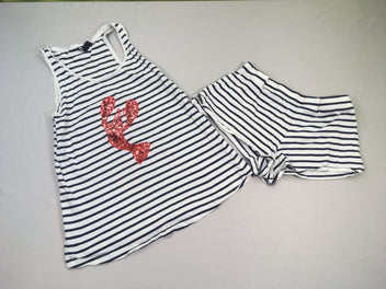Pyjashort 2pcs jersey blanc rayé bleu homar sequins, décoloré, Etam taille XS