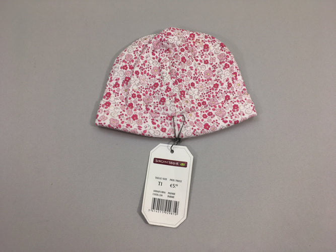 NEUF bonnet jersey blanc fleurs roses paillettes, moins cher chez Petit Kiwi