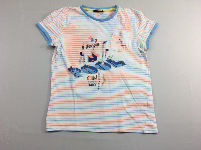 T-shirt m.c blanc rayé bleu/orangepiscine poche, moins cher chez Petit Kiwi
