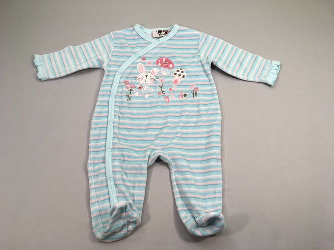 Pyjama velours bleu clair rayé rose lapin, moins cher chez Petit Kiwi