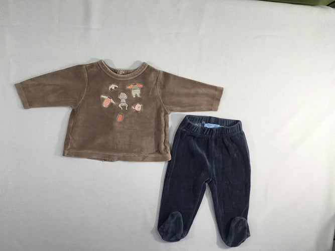 Pyjama 2pc velours brun bébé broderies, moins cher chez Petit Kiwi
