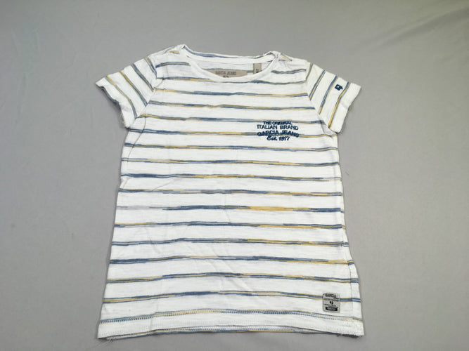 T-shirt m.c blanc rayé bleu-jaune- retour trous, moins cher chez Petit Kiwi