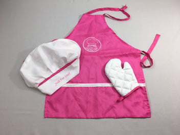 Toque, tablier et manique blanc/rose just for chef