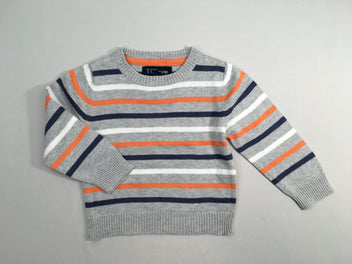 Pull gris rayé blanc/bleu/orange