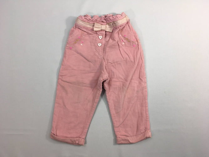 Pantalon velours côtelé rose noued doublé jersey, moins cher chez Petit Kiwi