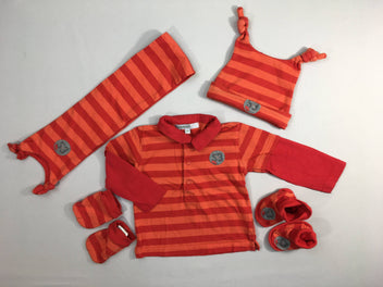 Polo ml rouge rayé orange + Bonnet jersey + chaussons + écharpe + Moufles
