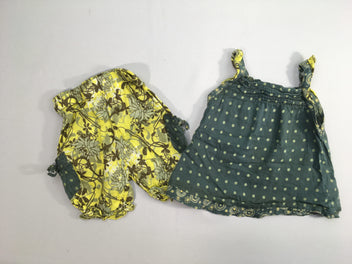 Blouse s.m vert pois + Pantalon 3/4 jaune