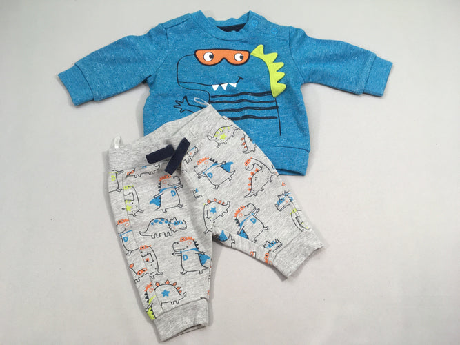 Sweat bleu chiné dino + Pantalon, moins cher chez Petit Kiwi