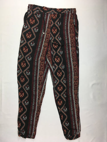 Pantalon fluide noir motifs géométrique bordeau saumon 32, moins cher chez Petit Kiwi