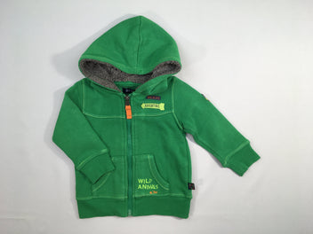 Sweat zippé vert à capuche doublée peluche grise