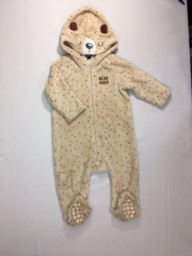 Surpyjama velours beige Bear à capuche, pieds anti-dérapants