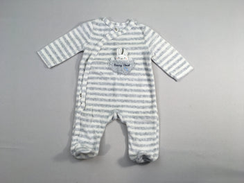 Pyjama velours rayé blanc/gris lapin poche
