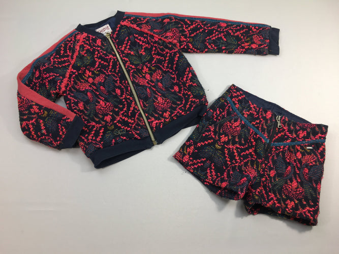 Gilet/veste zippée bleu foncé broderies rose + jupe assortie, moins cher chez Petit Kiwi