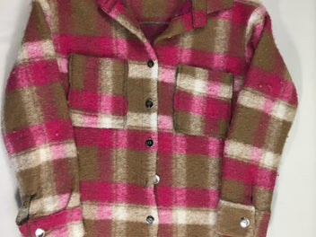 Veste 70% laine à à carreaux rose/brun/blanc, taille 34
