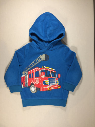 Sweat style polar à capuche bleu  - camion de pompier, moins cher chez Petit Kiwi