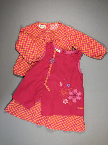 Ensemble blouse orange à pois roses+ robe rose avec fleurs style tablier, moins cher chez Petit Kiwi