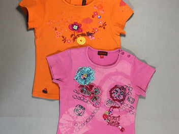 lot de 2 T-shirt m.c - 1 orange /1 rose - motifs floraux