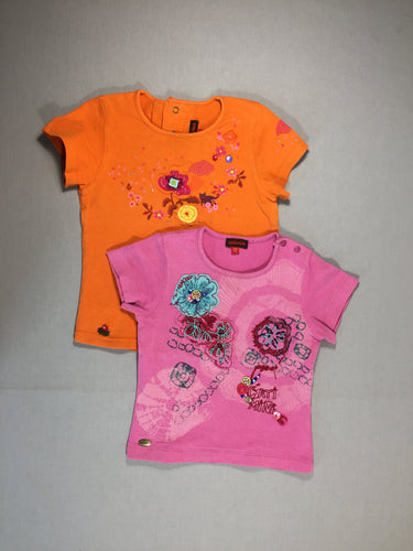 lot de 2 T-shirt m.c - 1 orange /1 rose - motifs floraux, moins cher chez Petit Kiwi