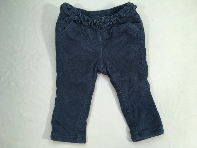 Pantalon velours côtelé bleu marine doublé jersey froufrous, moins cher chez Petit Kiwi